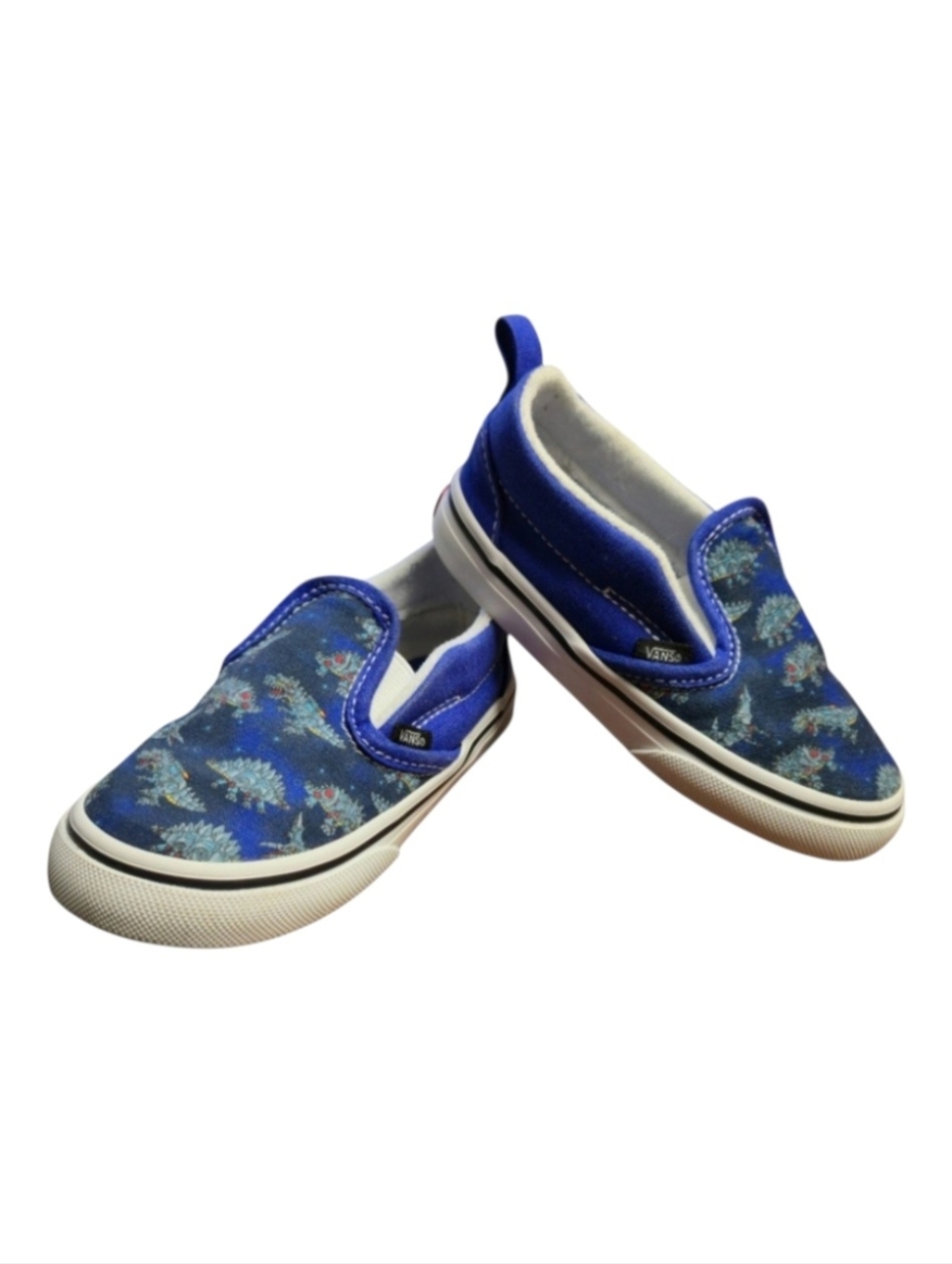 Vans Slip-On V Shoes' Robotic Dino in Blue w/ White, Size 8.5 Toddler Boys.